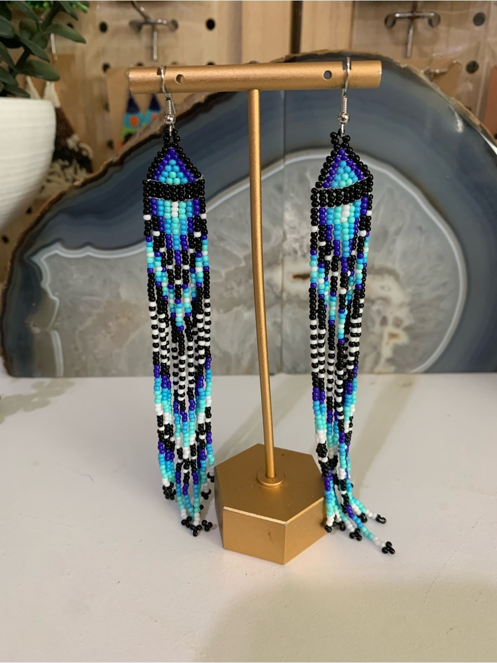 Beaded Fringe Drop Earrings - Black & Teal Accent